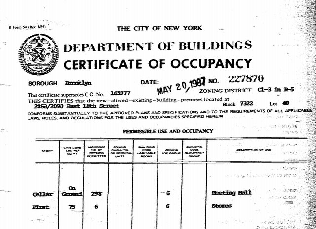 Certificate of Occupancy document for NYC property
